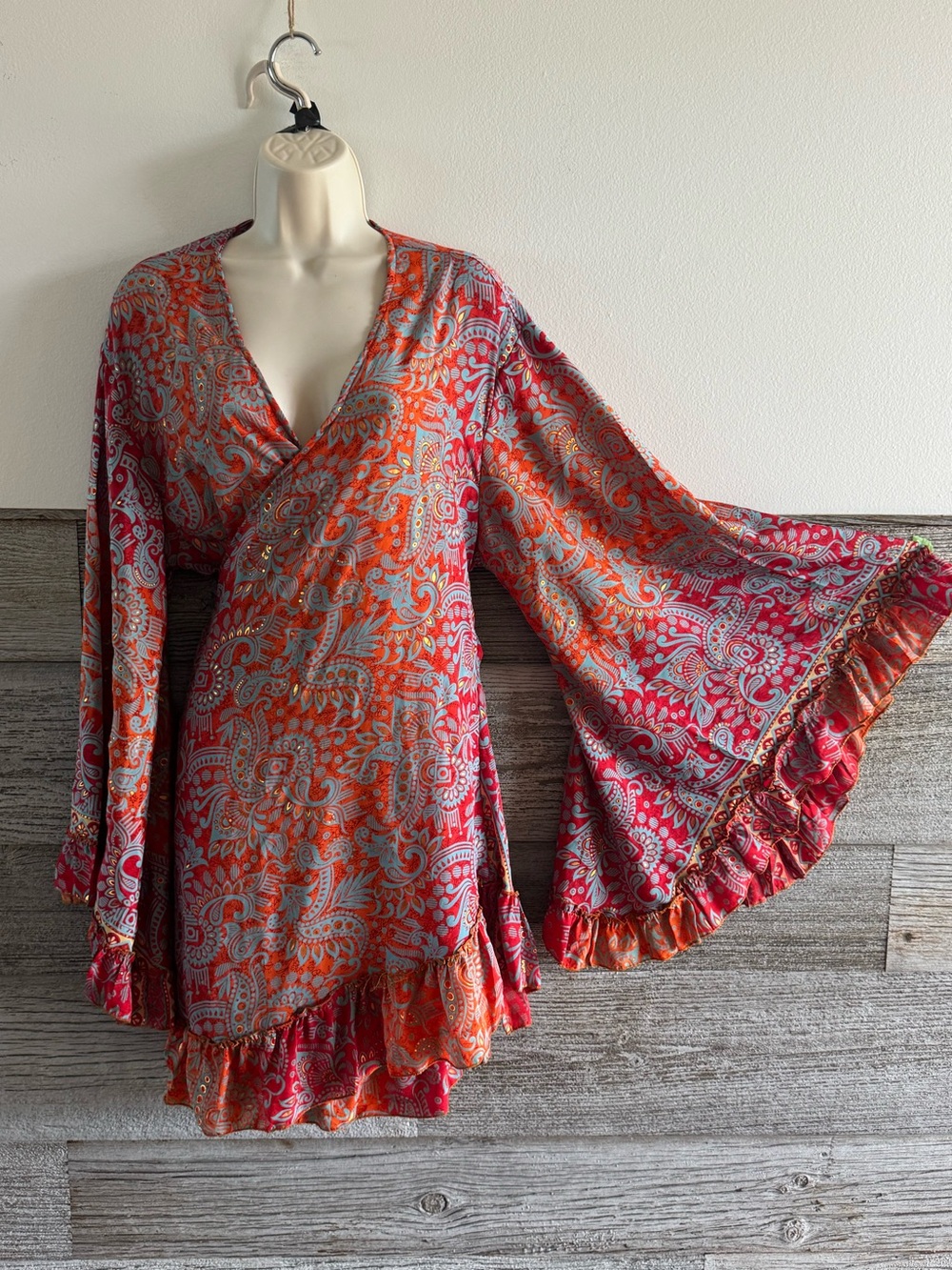Karma Nepal Craft L/XL Paisley Boho Tunic Dress Bell Sleeve Ruffle Tie Waist